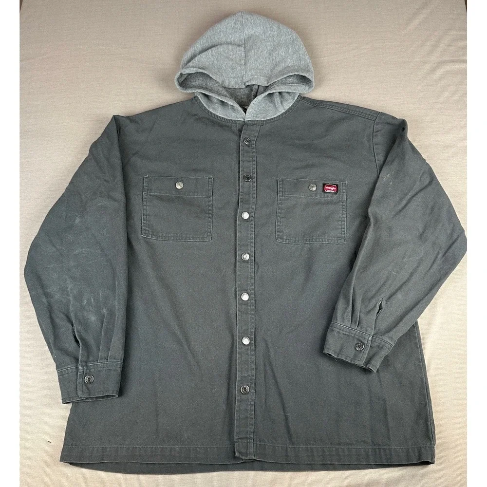 Wrangler Workwear Snap Shirt Hooded Jacket XL Gray Canvas (Drawstring Removed)